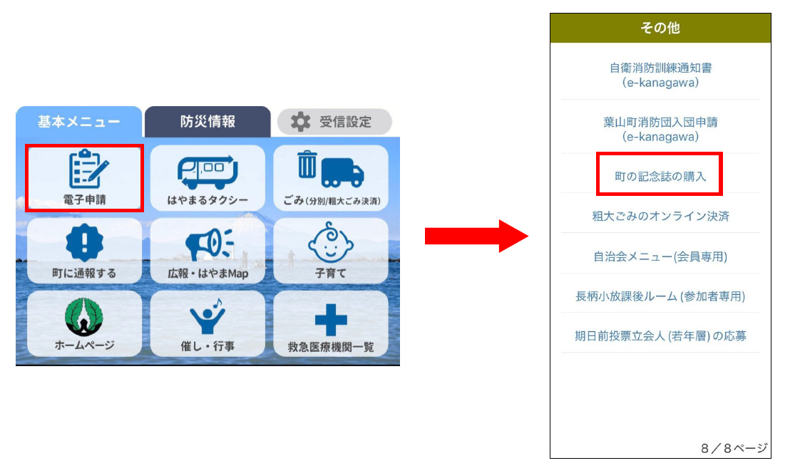町公式LINEから記念誌購入をする経路
