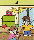 震度4 家電や電灯が大きく揺れふたりとも恐怖感を感じている様子のイラスト