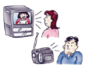 テレビやラジオで地震や津波など災害の情報を入手している様子のイラスト