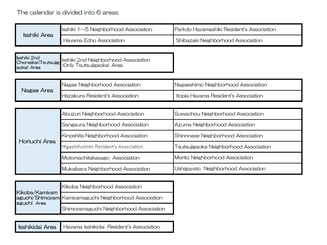 The calendar is divided into 6 areas