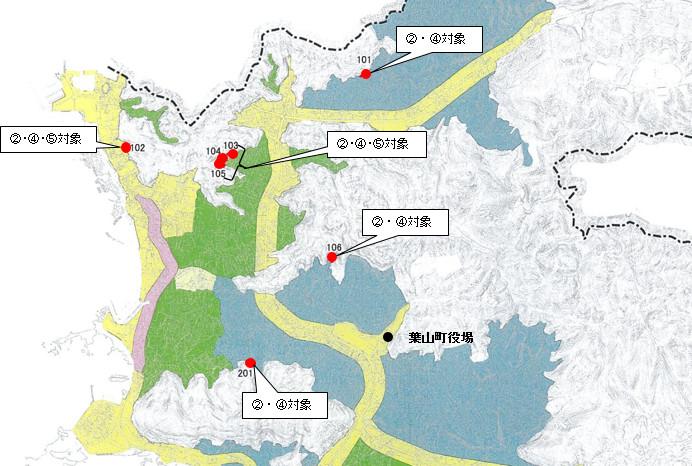 葉山都市計画案件1～5の当該箇所を示した地図