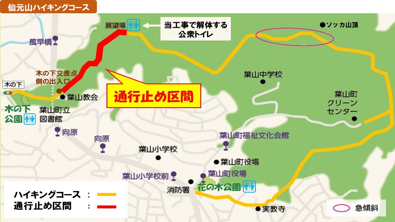 仙元山ハイキングコース通行止め区間表示マップ