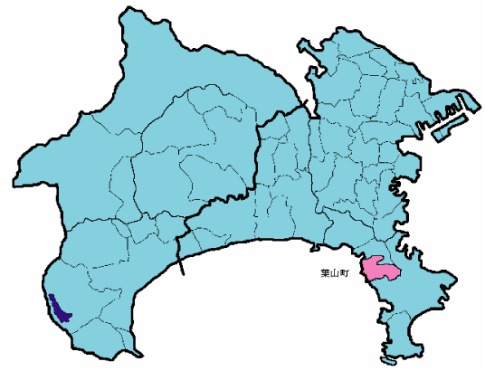 神奈川市の中の葉山町が分かるように色を変えて表した地図